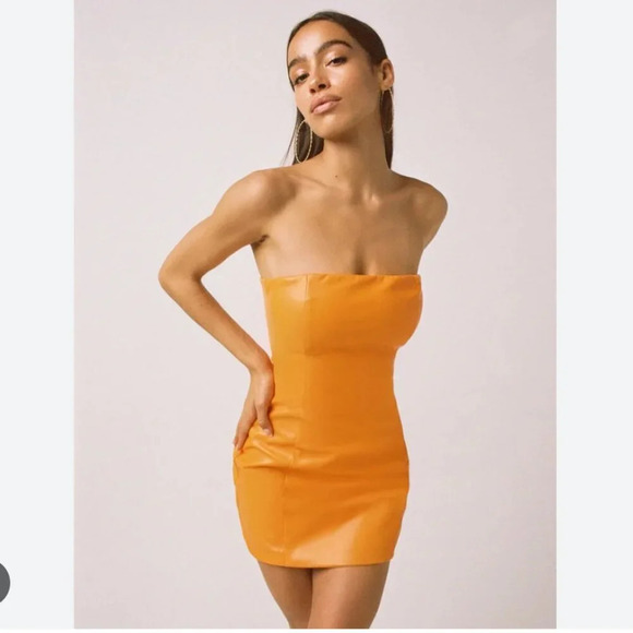 Tiger Mist Vegan Leather  Mini Strapless Tube Dress Orange Size Small - Picture 10 of 10